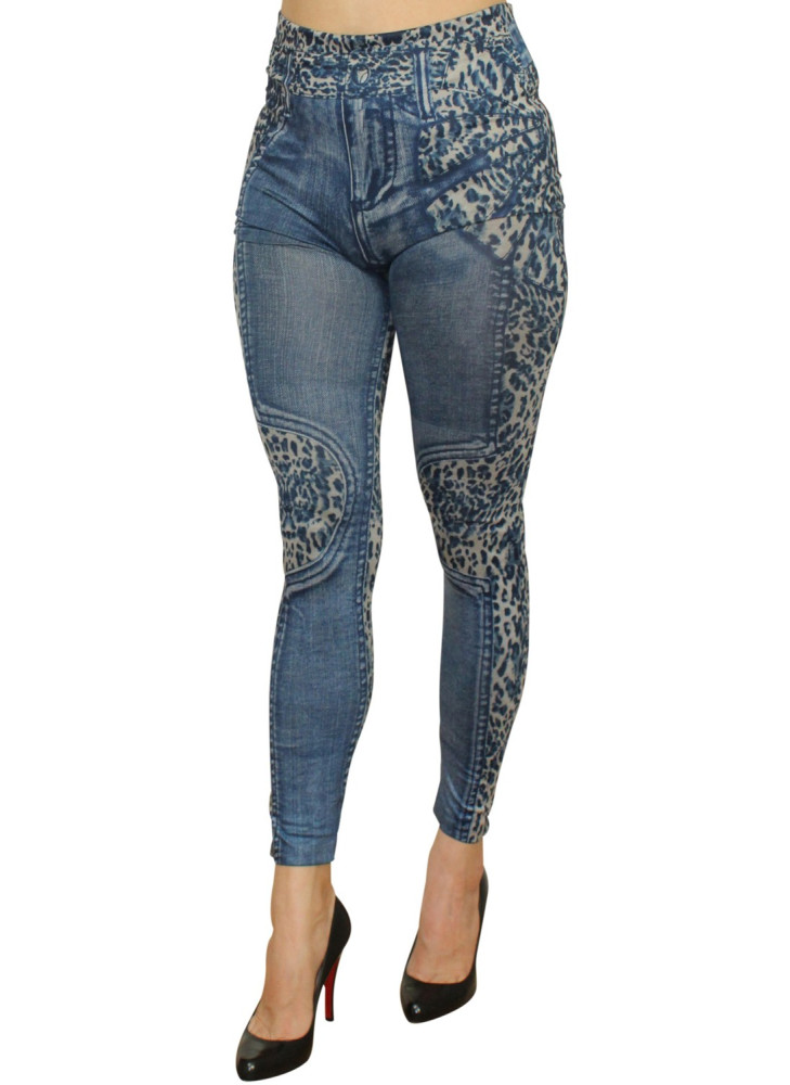 Legging bleu effet jean délavé imprimé léopard - FD1017